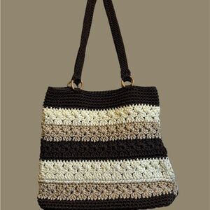 Crochet Striped Tote Bag - Brown, Cream, Tan